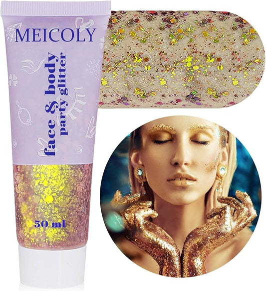 MEICOLY Chameleon Gold Body Glitter,Mardi Gras Outfit for Women,Color Changing Face Glitter,Chunky Glitter Face Paint,Holographic Glitter for Face Body Hair,Festival Party Costume Makeup,50ml