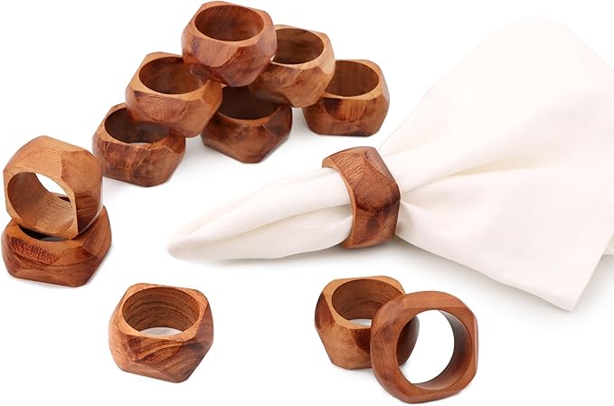 Wooden Napkin Rings Set of 12 Fall Decor for Home Square Acacia Wood Napkin Holders for Dining Table Wood Napkin Ring Rustic Table Décor for Weddings, Parties, Everyday Use (Brown) - CLEENTABLE