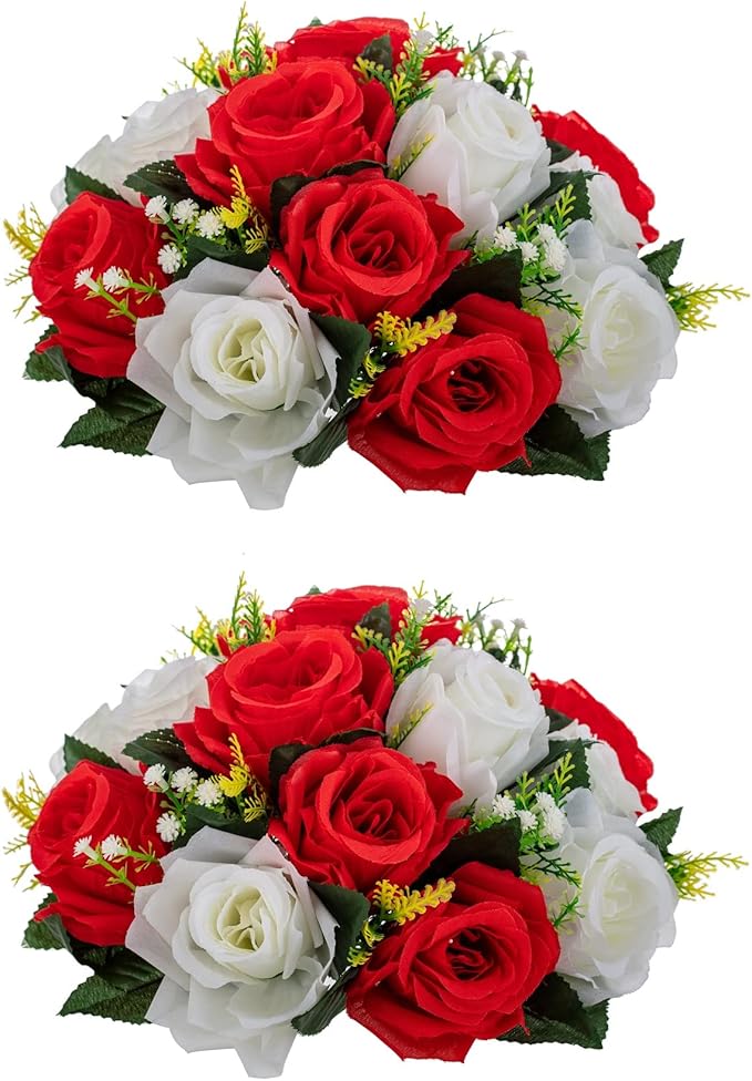 Artificial Roses Flowers, 2 Pcs Flower Ball Arrangement Bouquets 15 Heads Plastic Roses with Base, Perfect for Wedding Party Valentines Table Decoration, Home Décor, Wedding Centerpieces（Red White）