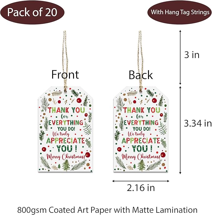 Treat for You to Say Thank You for All You Do Gift Tag We Appreciate You Christmas Gift Tags with String Employee Appreciation Company Staff Christmas Holiday Favor Tags Pack of 20 (Appreciate B)