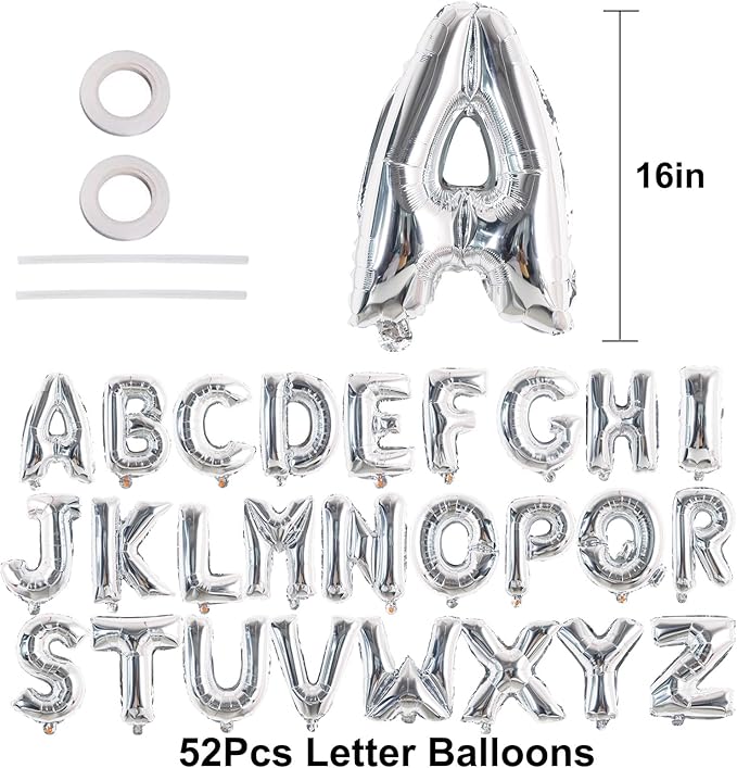 TONIFUL 52 Pcs Letter Balloons 16 Inch Silver Letter A-Z Balloons Custom Phrase Mylar Foil Alphabet DIY Personalized Phrase Banner for Birthday Anniversary Celebration Graduation Party Supplies Decor