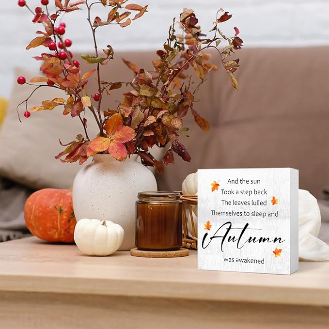 Funny Autumn Wood Box Sign Autumn is Awakened Wooden Block Desk Decor for Home Office Kitchen Cubicle Table Shelf Tabletop,Farmhouse Fall Sign Decor