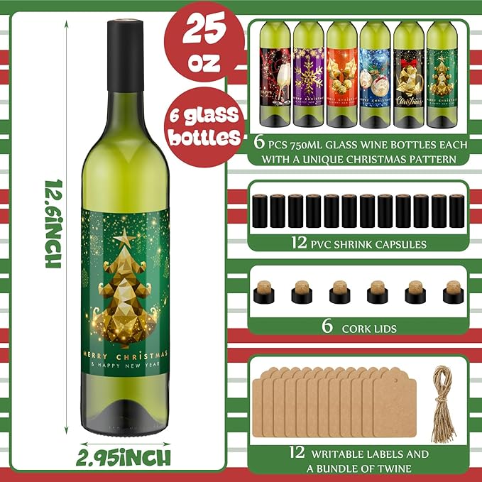 6 Set Coquito Bottles 25 oz Christmas Glass Wine Bottles Brewing Bottles with Christmas Wine Bottle Stickers Airtight Caps for Home Brewing Coquito Beverages Liqueur