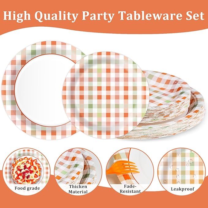 Orange Gingham Plates and Napkins Party Supplies,Orange and White Disposable Tableware Set,Checkeorange Plaid Paper Plates for Birthday Family Dinner Picnic Barbecue Baby Shower Decor Serves 25