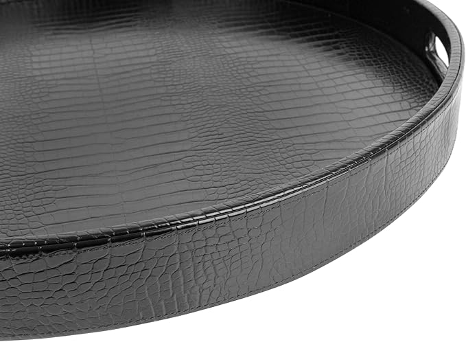 HofferRuffer Extra Large Round Serving Tray, Elegant Faux Leather Circle Ottoman Table Tray with Handles, Serve Tea, Coffee or Breakfast in Bed, Diameter 23.6 x 2.4 inches Height (Black)