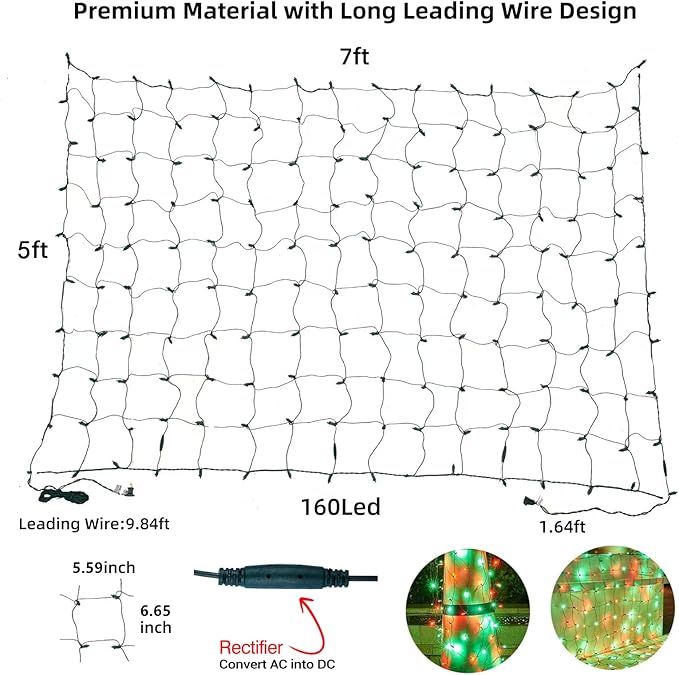 Led Christmas Net Lights Red and Green Outdoor Christmas Lights 160LED 5ftx7ft, Waterproof Outdoor Indoor Fairy Mesh Net Light for Xmas Party, Yard, Patio, Trees, Shrubs, Bushes Decorations