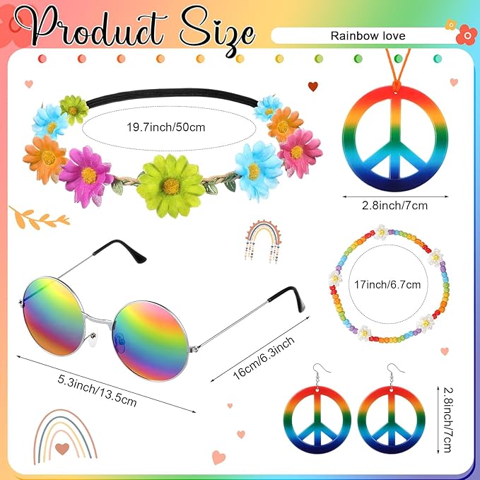 Batiyeer 6 Pcs Hippie Costume Accessories Set, Boho Peace Sign Daisy Flower 60s 70s Party Favors Decor for Groovy Party Women(Rainbow)