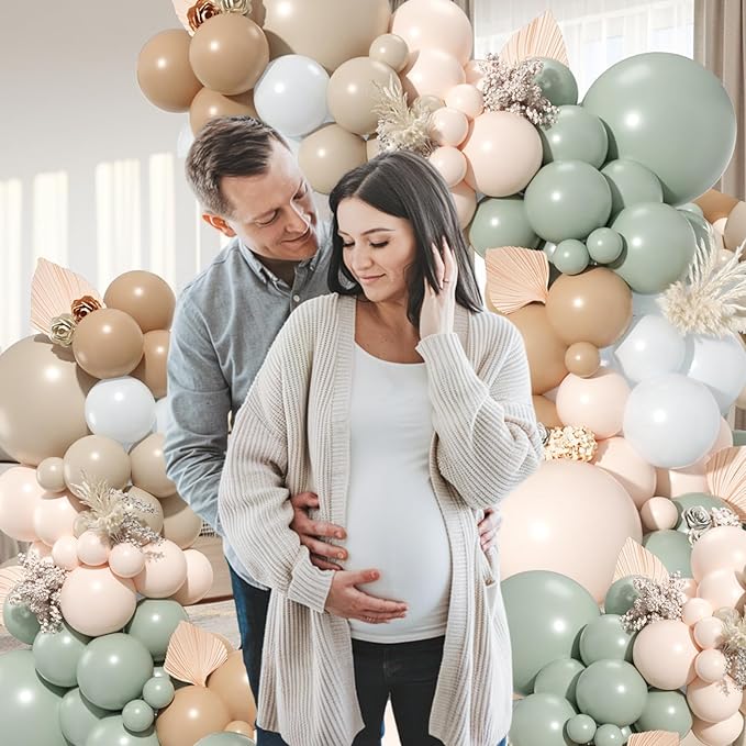 Dusty Green Nude Balloon Arch Kit, Double Stuffed Blush Brown Cream Sand White Balloon Garland Neutral Apricot Matte Latex Balloons for Baby Shower Wedding Birthday Gender Reveal Party Decoration