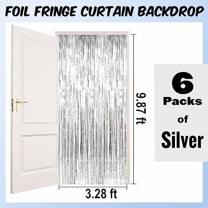 6 Pack Silver Foil Fringe Curtains Backdrop, 3.28 x 9.8 Ft Metallic Streamers Tinsel Curtains Background for Photo Booth, Birthday, Halloween, Christmas, Thanksgiving, New Year Party Decorations