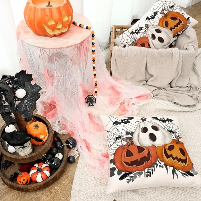 AACORS Halloween Pillow Cover 16X16 Set of 2,Pumpkin Jack-O'-Lanterns Bat Web Decoration Holiday Farmhouse Pillow Case Decor for Home Sofa Couch AA306-16-2