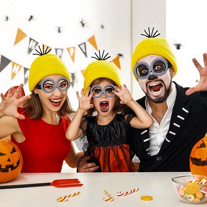 3Pcs Halloween Yellow Costumes Accessories, Steampunk Goggles Glasses/Black Gloves/Yellow Beanie Hat for Adults Men Women Cosplay Party Christmas Birthday Set