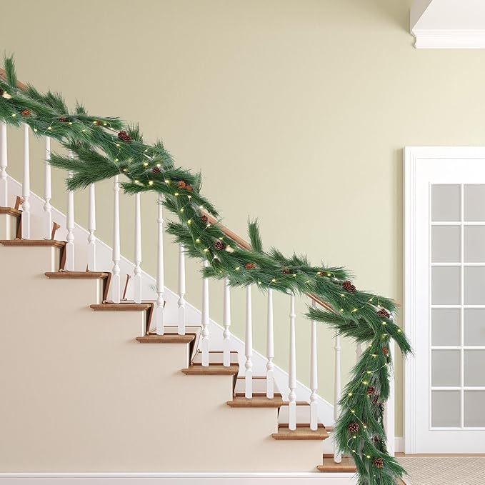 Jutom 2 Set 13.2ft Christmas Deluxe Norfolk Pine Garlands Artificial Long Needle Pine Cone Garland Realistic Xmas Cedar Garland for Holiday Mantle Table Indoor Outdoor Decor