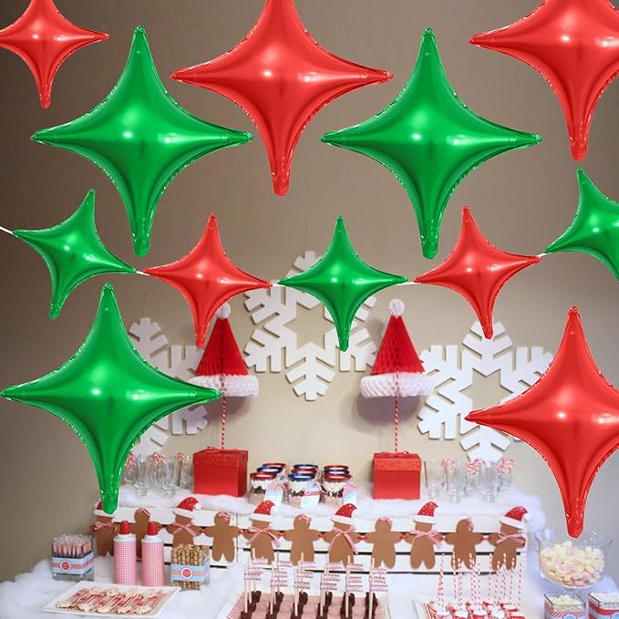 Red Green Christmas Balloons,12Pcs Four Angle Star Foil Balloons,26Inch and 10Inch Red Green Quadrangle Helium Balloon for Christmas Xmas New Year Birthday Party Decorations