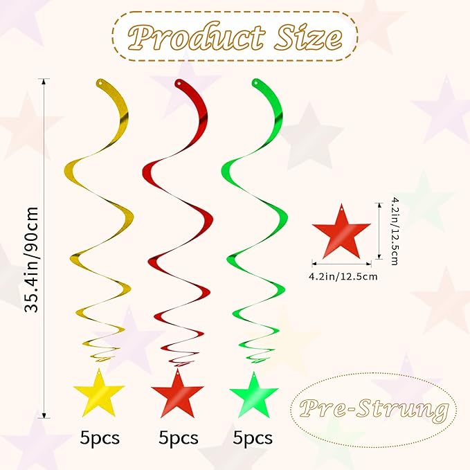 BEISHIDA Green Gold Star Hanging Swirl Decorations, Birthday Hanging Party Supplies for Christmas Wedding Baby Shower Birthday Decorations,Pack of 15