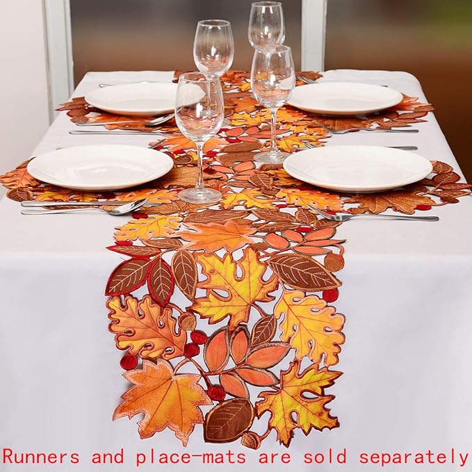 Simhomsen Embroidered Fall Leaves Table Runner for Thanksgiving, Autumn Harvest Decorations (14 × 120 inches)