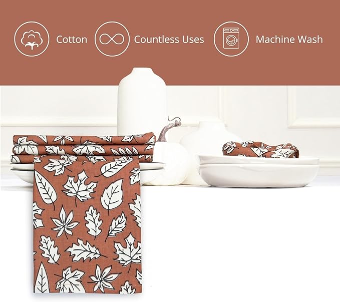 PurpleEssences Fall Harvest Thanksgiving Napkins 18x18 Inch, Set of 6-100% Cotton Autumn Leaves Print - Reusable, Washable Dinner Napkins for Home, Kitchen & Parties - Heap of Autumn