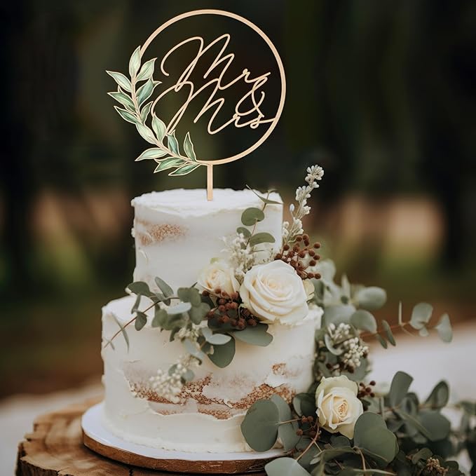 Mr & Mrs Cake Topper in Wood Greeny Wedding Cake Topper Decoration