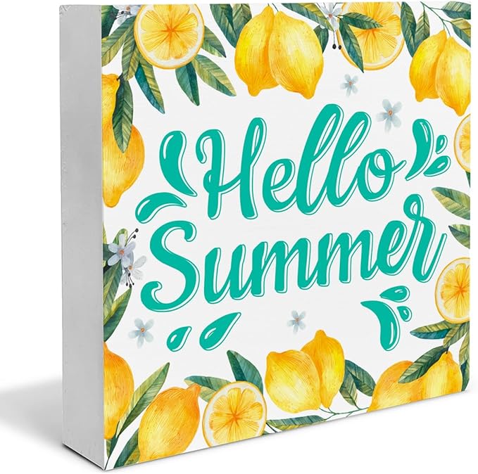 Lemon Decor Hello Summer Wood Block Sign Summer Decorations for Home Kitchen 5 x 5 Inches