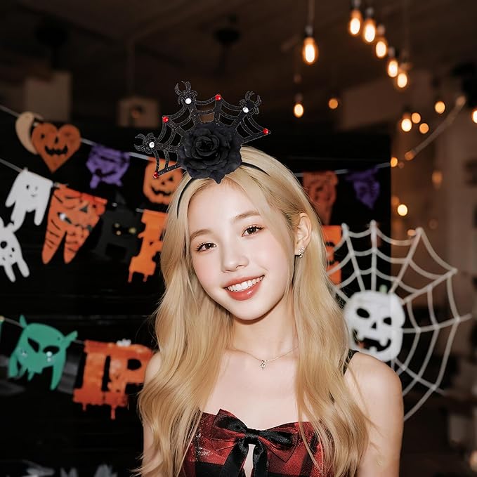 Halloween Headbands, Black Spider Web Hairband Halloween Accessories for Cosplay Woman Man (Flower Red)
