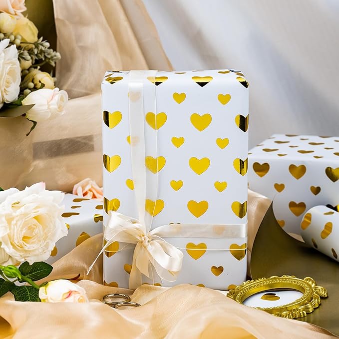 Yarcony Wedding Wrapping Paper Roll, Heart Gift Wrapping Paper, Elegant Golden Heart Design Bridal Shower Gift Wrap for Birthday, Anniversary, Engagement, Valentine's Day (17 Inch X 33 Feet)