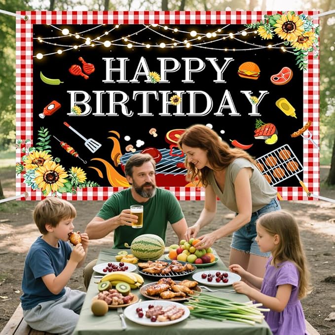 BBQ Birthday Party Decorations Large BBQ Happy Birthday Banner Red and White Gingham Picnic Banner Backdrop for BBQ Birthday Barbecue Party Supplies Yard Outdoor 7x5ft
