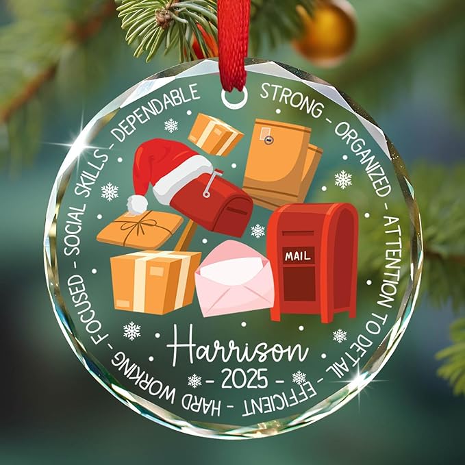Postal Worker Christmas Ornaments, Personalized Mailman Glass Ornament Christmas 2025, Gifts for Mail Carrier Postman Postal Worker, Custom Name & Year for Xmas Tree Decor, Letter Carrier Ornament