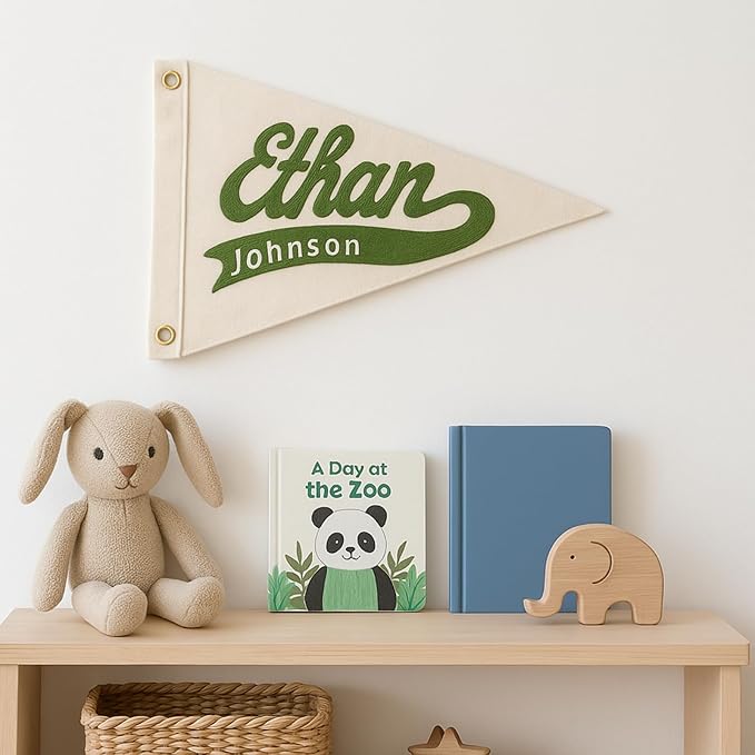 Custom Hand Embroidered Name Pennant Banner, Personalized Baby Name Canvas Pennant Flag for Kids Room Bedroom, Customized Nursery Name Sign for Boys & Girls, Baby Shower Birthday Party Gift