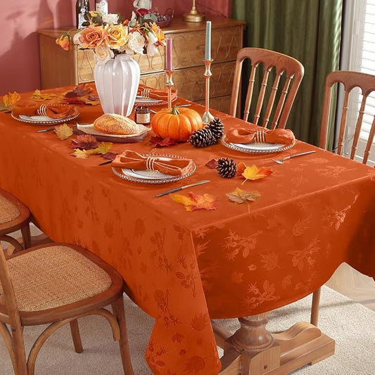 MATIRUG Fall Thanksgiving Tablecloth Rectangle 52X70 inches,Spillproof Wrinkle Free Autumn Jacquard Table Cloth,Rust Damask Fabric for Friendgiving Harvest Holiday Party, Burnt Orange/Rusty
