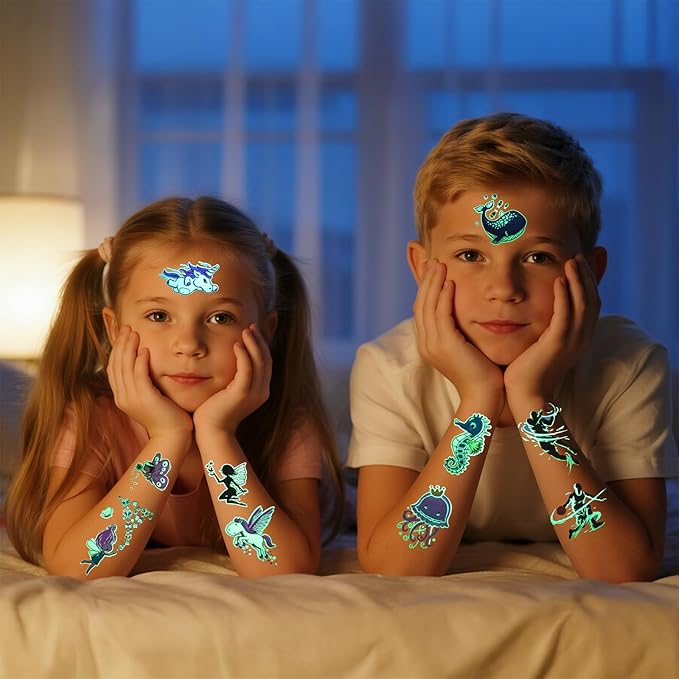 350+ Themed Designs Temporary Tattoos for Kids - Individually Wrapped, Glow in the Dark, Waterproof Fake Tattoos - Multiple Themes: Mermaid, Dinosaur, Unicorn, Baseball, Princess, Soccer, Ocean, Fairy