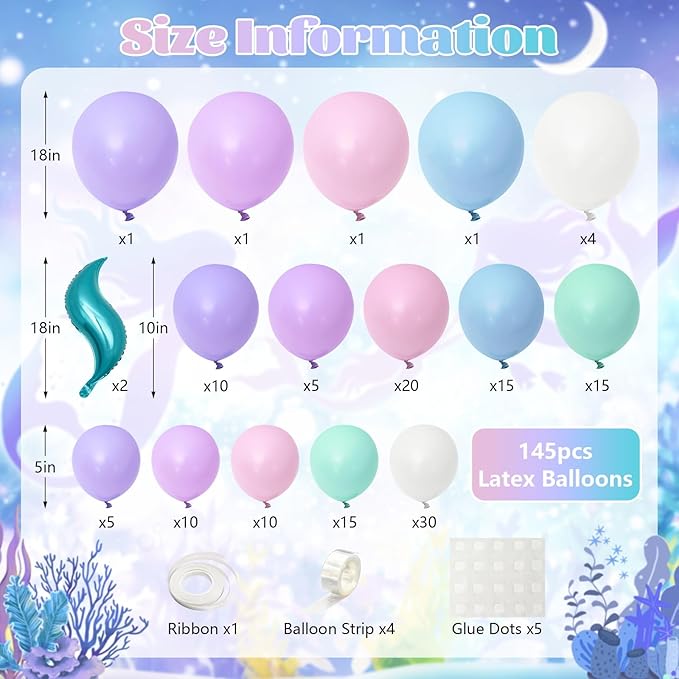 Mermaid Balloon Arch Kit Purple Pastel Pink light Blue Balloons with Mermaid Tails Foil Balloons Garland for Ocean Themed Party Baby Shower Decorations
