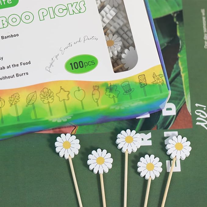 Daisy Cocktail Picks Springtime Floral Decorative Toothpicks Fruit Sticks Food Sandwich Appetizer Charcuterie Skewers, for Spring Flower Sunflower Daisy Decorations Boho Groovy Party Supplies