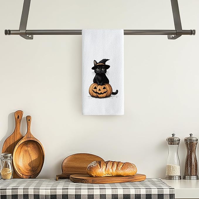 TNUW Halloween Black Cat Pumpkin Kitchen Towels 16x24 Inch, Black Cat Halloween Decor Dish Tea Towels for Kitchen, Witchy Kitty Spooky Pumpkin Decorative Hand Towel for Bathroom Decor
