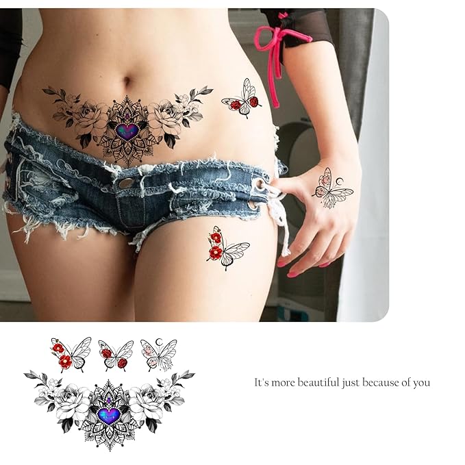 ROARHOWL Women Sexy Temporary Tattoo Sexy Tattoo Set Beautiful Exquisite 3D Realistic Flowers, Butterfly, Abdominate, Chest, Waist and Back Applied Fake Tattoo for Girls ((Design 1))
