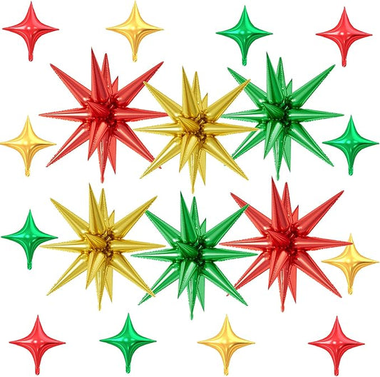 18 Pcs Red Green Gold Star Balloons, Christmas Stars Foil Balloon with 6 Pcs 22-Inch Explosion Star Balloons 12Pcs 10-Inch Four Pointed Stars Balloon for Christmas Birthday New Year Party Decor