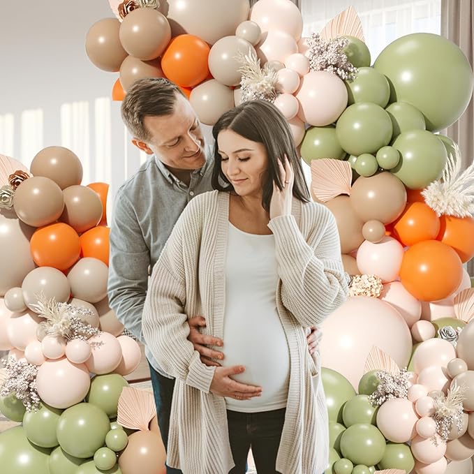 Dusty Green Orange Balloon Arch, Double Stuffed Blush Brown Cream Nude Balloon Garland Sage Green Sand White Orange Balloons for Neutral Baby Shower Wedding Birthday Gender Reveal Party Decoration