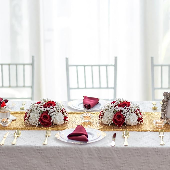 BLOSMON Fake Flowers Ball Wedding Centerpieces 10 Pcs Crimson Rose Babys Breath Artificial Flowers Center Pieces Decoration for Table Silk Kissing Floral Bouquet Arrangements for Home Party DIY Decor