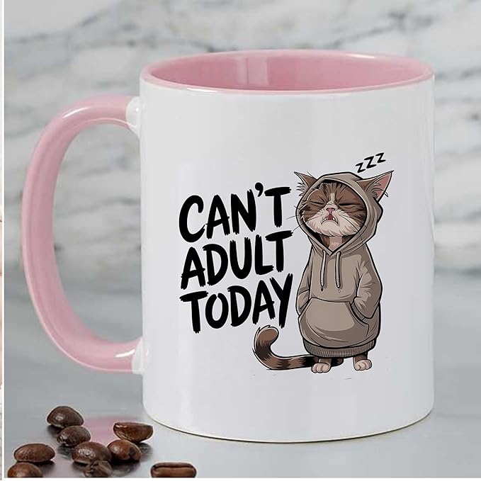 Can't Adult Today Funny Cat Two-Tone Accent Ceramic Mugs, Sarcastic Drinking Cups, 11oz 15oz, Gifts