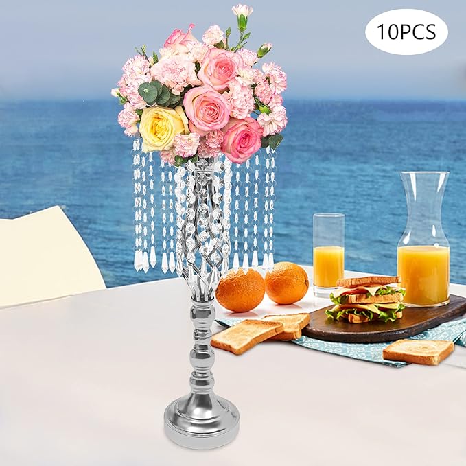 Wedding Centerpieces Gold Vases,10PCS Metal Flower Candle Holder with Sparkling Crystal Beads,Crystal Flower Vase Metal Flowers Stand for Party Tables Decorations (Sliver-10PCS-14CM)