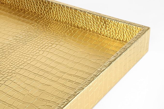 HofferRuffer Elegant Decorative Serving Tray, 20"x20" Square Faux Leather Ottoman Tray with Gold Hardware Handles, Coffee Table Serve Tea, Coffee or Breakfast (Gold, Square-20 inch)