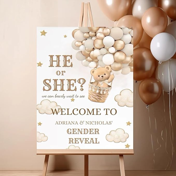 Gender Reveal Welcome Sign – Teddy Bear Balloon Theme,Personalized Teddy Bear Gender Reveal Welcome Sign, He or She Yard Sign, Boy or Girl Gender Reveal Sign, We Can Bearly Wait Gender Reveal .14