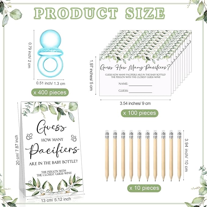 Roowest 512 Pcs Baby Shower Games Guess How Many Pacifiers Sign 100 Small Guessing Games 10 HB Pencils 750ml Milk Bottle 400 Acrylic Pacifiers Decoration for Guest Gender Reveal(Blue,Plant)