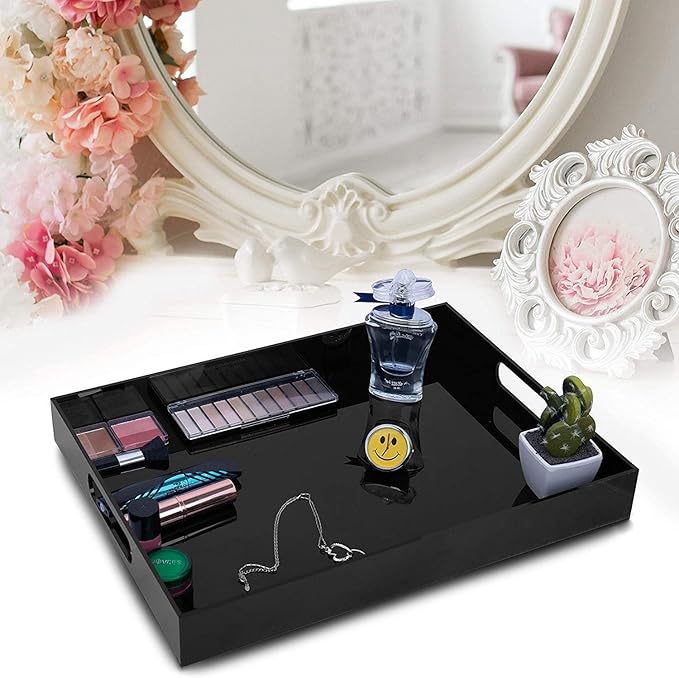 Durable Rectangular Breakfast Serving Tray - 5MM Thick Waterproof Acrylic Serving Platter with Handles for Coffee, Tea, Food - Elegant Decorative Tray (Black Tray-16''x12'')