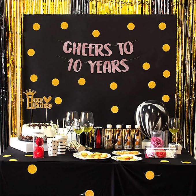 Cheers to 10 Years Rose Gold Glitter Banner - 10th Anniversary and Birthday Party Decorations