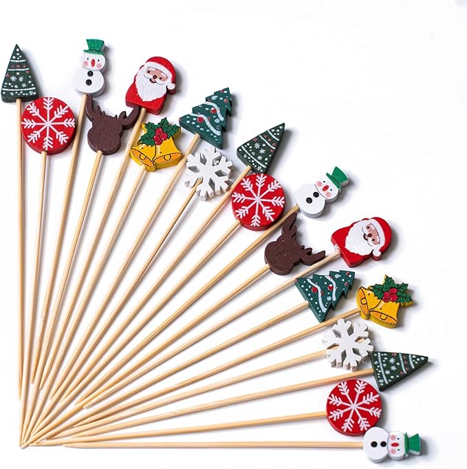 PuTwo Christmas Cocktail Picks 4.7 Inch 100pcs Bamboo Fancy Skewers Toothpicks for Appetizers Food Drink Fruit Sandwich BBQ Christmas Cocktail Party Charcuterie Boards Accessories Party Supplies