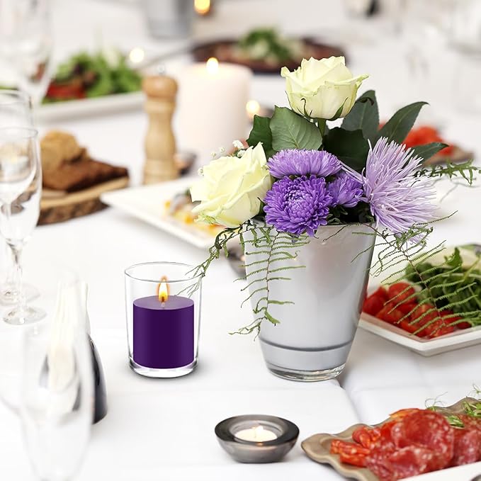 9 Packs Unscented Purple Votive Candles, Small 1.5 Inch by 1.25 Inch Colored Wax Candles for Wedding, Home Party Table Decoration - 8 Hours Burn Time