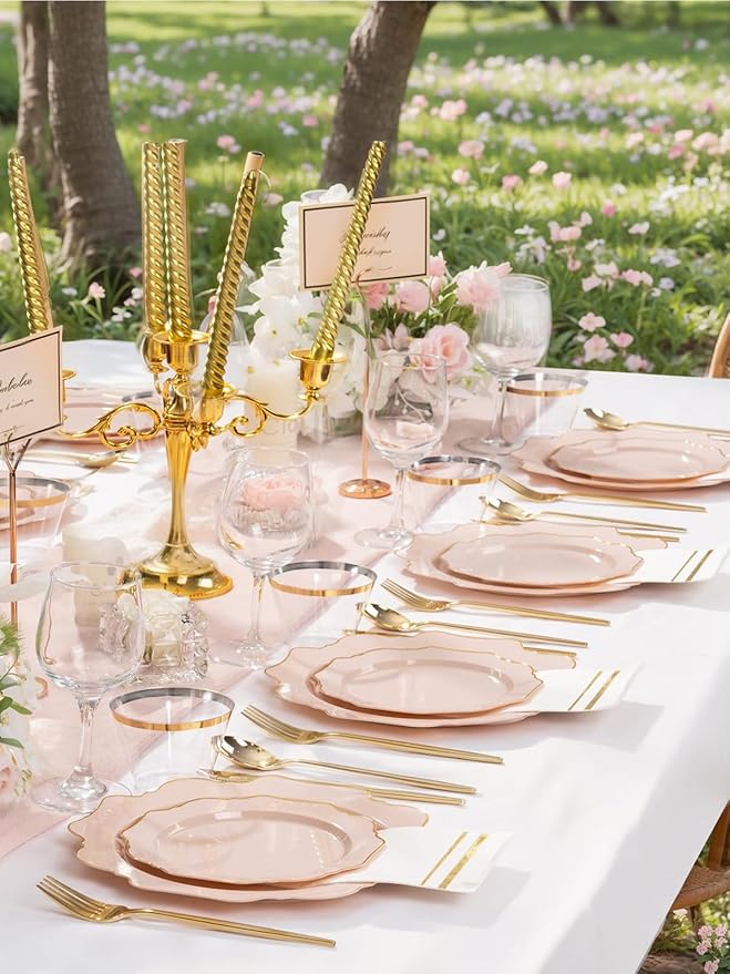WDF 175Pcs Pink Plastic Plates - Pink and Gold Plates Disposable 25guest Plastic Dinnerware Ideal for Tea Party/Bridal Shower/Wedding/Baby Shower/Fall Pumpkin Baby Shower