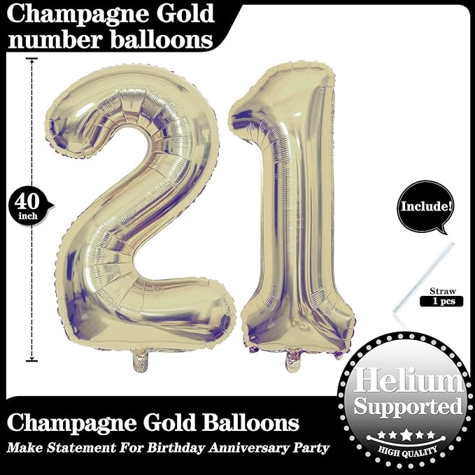 Champagne Gold 21 Number Balloons, 40 Inch Giant Number 21 Balloons Foil Mylar Helium Light Gold Number Balloons for 21th Birthday Party Supplies Anniversary Event Celebration Decorations