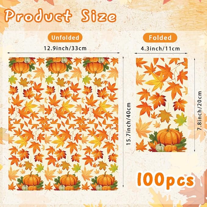 Thanksgiving Napkins Disposable 100 Pcs Thanksgiving Paper Napkins Decorative Falls Leaves Cocktail Napkins Autumn Fall Paper Napkins Guest Hand Towels for Thanksgivings Autumn Harvest Party Supplies
