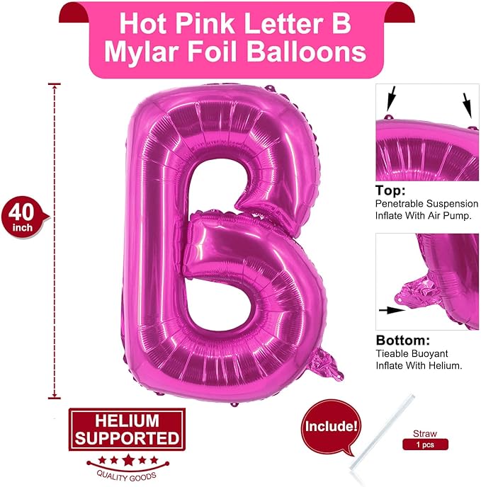 Lovoir 40 Inch Large Hot Pink Letter B Balloons Big Size Jumbo Mylar Foil Helium Balloon for Birthday Party Celebration Decorations Alphabet Hot Pink B