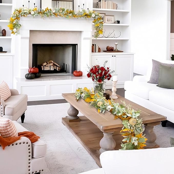 Fall Mantel Garland Decor for Home -5.8 Ft Autumn Leaves Table Garlands with Lights Decorations for Thanksgiving and Halloween Leaf Centerpieces for Bedroom Tables Stair Porch Outdoor Farmhouse